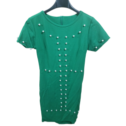 Vestito corto mezza manica con perle verde