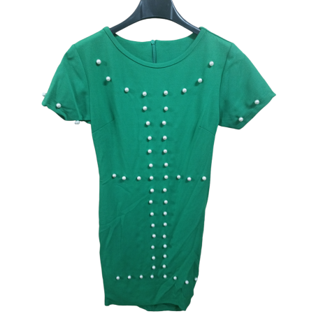 Vestito corto mezza manica con perle verde